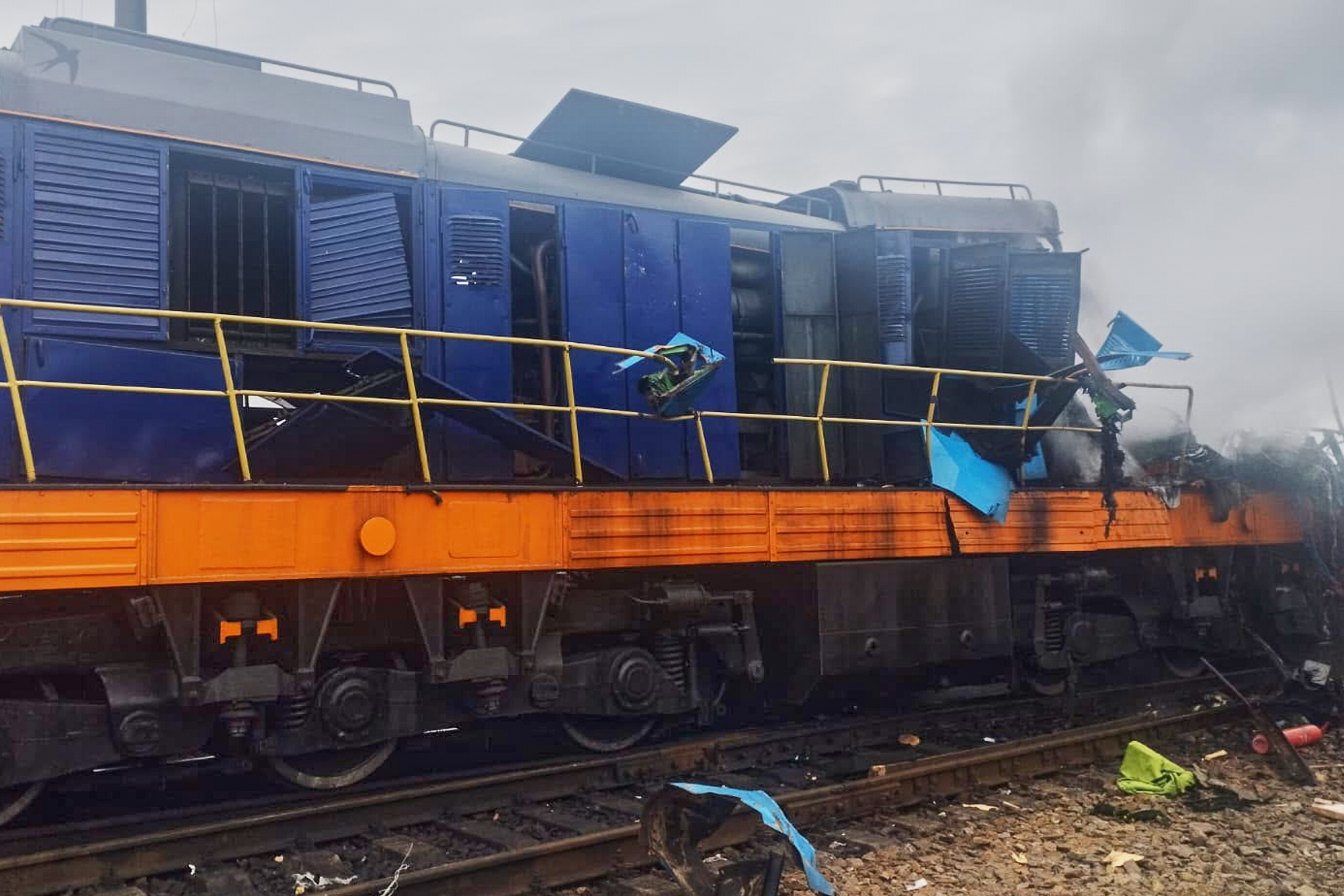 In this photo provided by the Ukrainian Ukrzaliznytsia Railway Company Press Office, a locomotive damaged in a Russian drone attack is seen at Yahodyn railway station near Ukraine